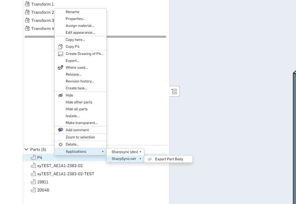 Onshape Part Studio Tab Part Context Menu